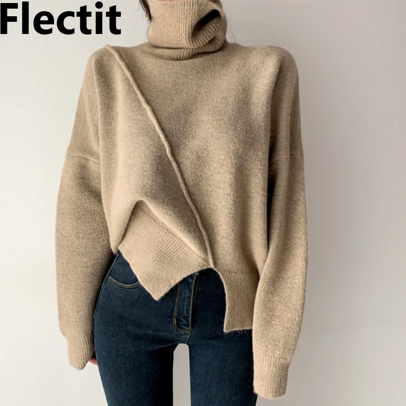 

Вязаный свитер Flectit с воротником-хомутом, Женский Уютный джемпер с разрезом сбоку, корейская мода, шикарный наряд