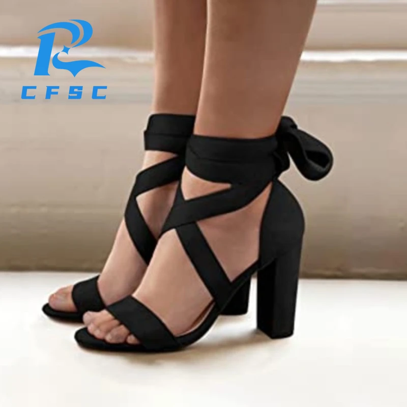 

New Sexy Square Root Gladiator Sandals Fashion Ladies Sandals High Heels Open Toe Ankle Cross Lace-up Shoes Plus Size Pumps