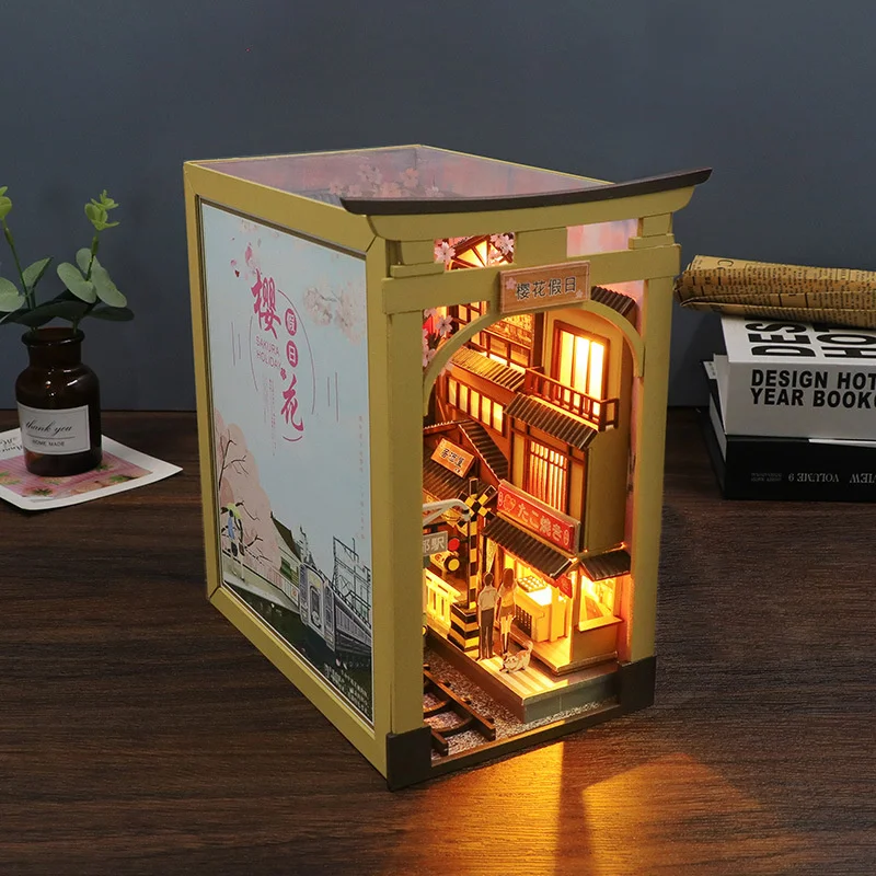 

Wooden Book Nook Shelf Insert Kits Miniature Cherry Blossom Train Station Bookends Japanese Bookshelf Handmade Crafts Gifts DIY