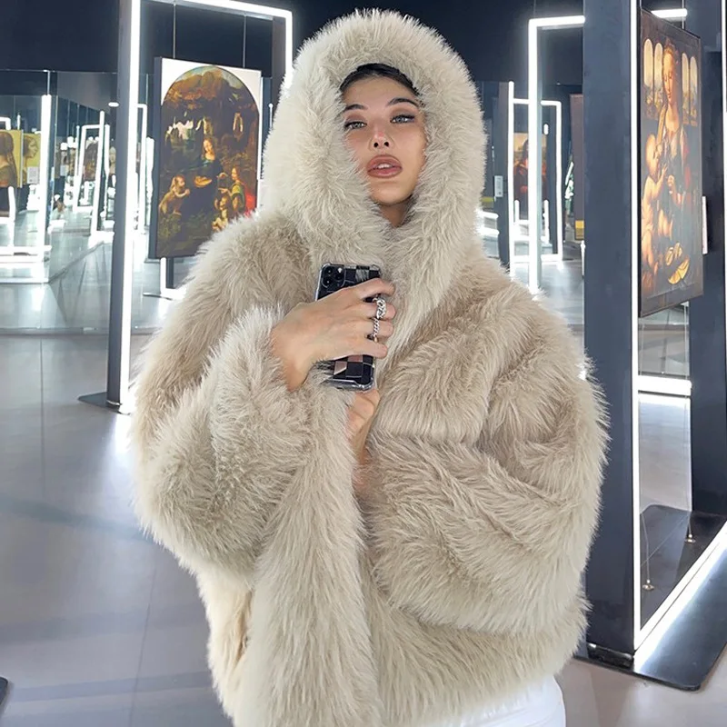 Imitation Fur Solid Loose Hooded Long Coat Winter Women Jacket Womens Fur Coat