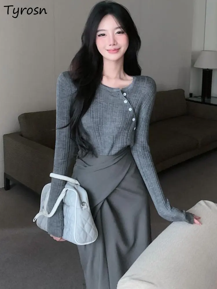 

Комплект пуловеров Женская облегающая пикантная Соблазнительная дизайнерская ассиметричная повседневная юбка миди простая чистая Осення...