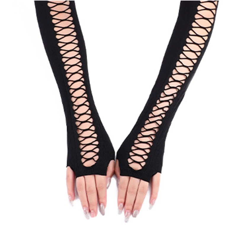

Black Long Gloves Tattoo Cover Up Halloween Arm Sleeves Hollow Out Gloves