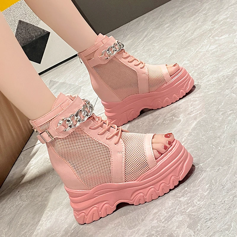 Platform Sandals Women 2023 Summer Breathable Mesh Sneakers Wedges 10CM High Heels Hollow out Chunky Chain Shoes Sandalias Mujer