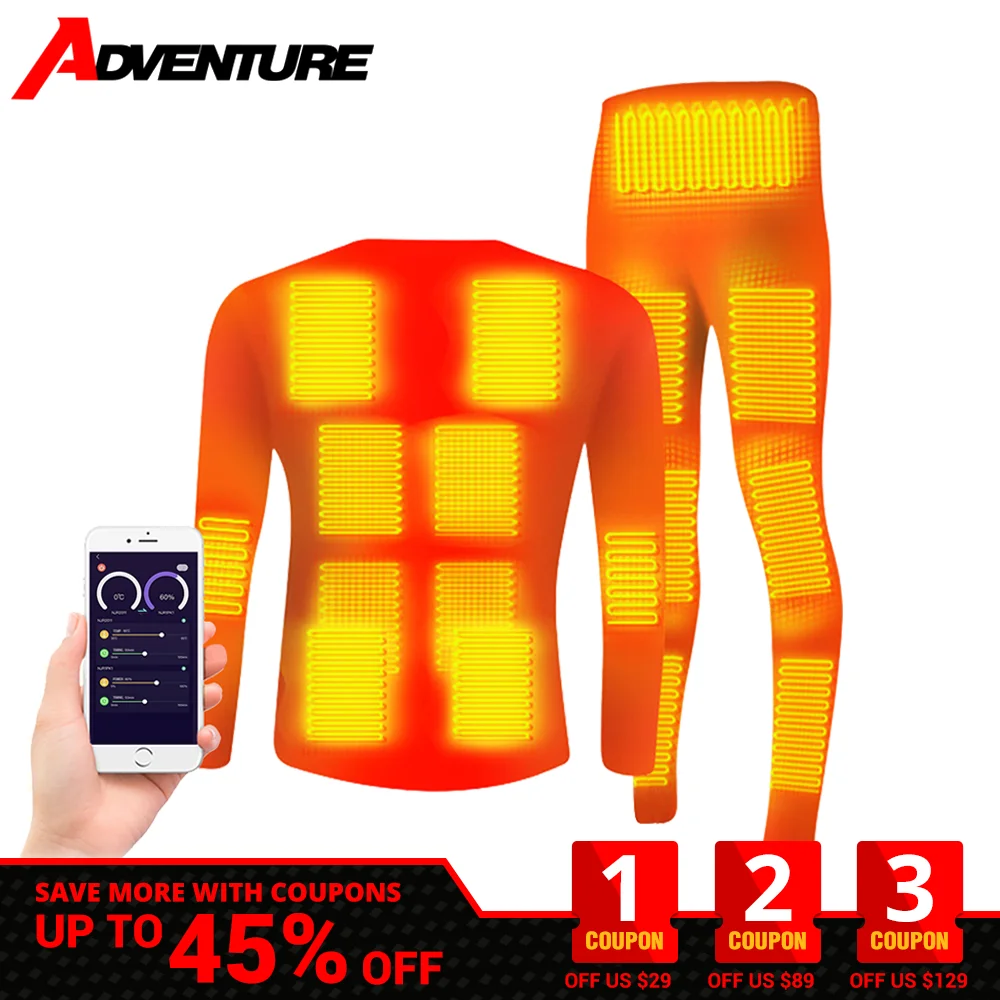 

USB Battery Powered Winter Heated Underwear Smart Phone APP Control Temperature Motorcycle Jacket Suit Fleece Thermal Men Women