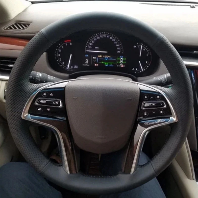 

Car Steering Wheel Cover Soft Black Genuine Leather For Cadillac XT5 XTS SRX CT6 Interior Customized Braid Four Seasons