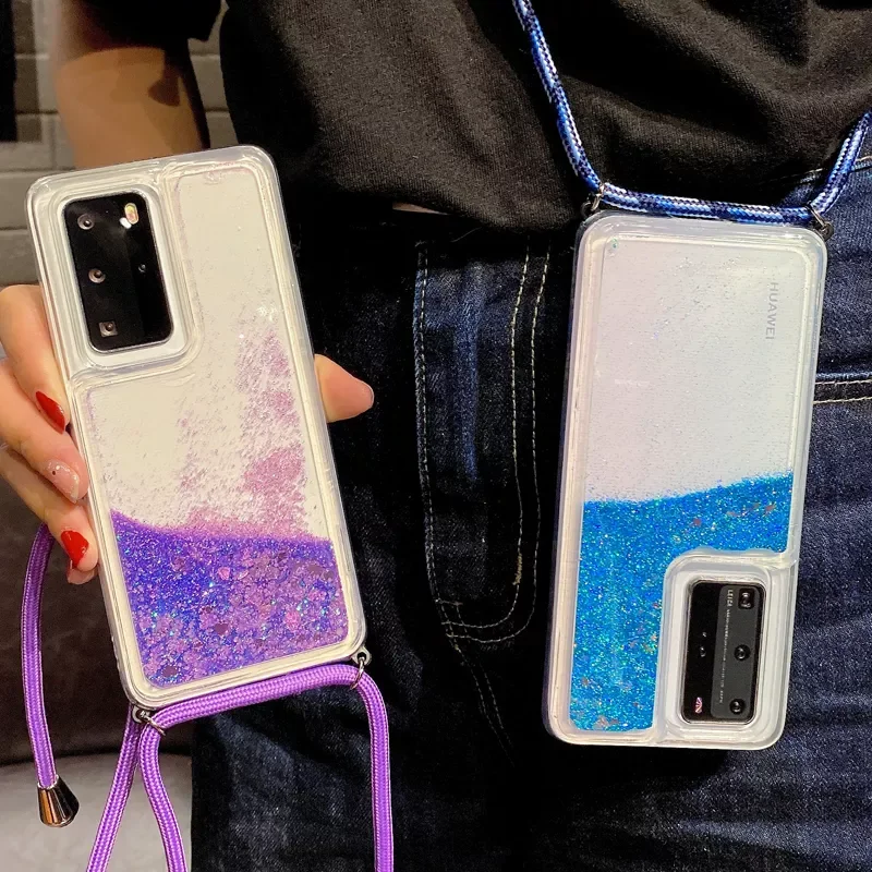 

Sequins Quicksand Hanging Rope Crossbody TPU Case for Huawei P40 P30 P20 Pro P10 Lite Shining Dynamic Liquid Glitter Phone Cover