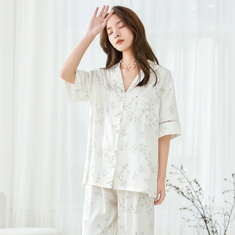 Pajamas for Women's Spring and Summer High-end Lace Short-sleeved Trousers Home Service Suit Can Be Worn Outside Soft Loungewear