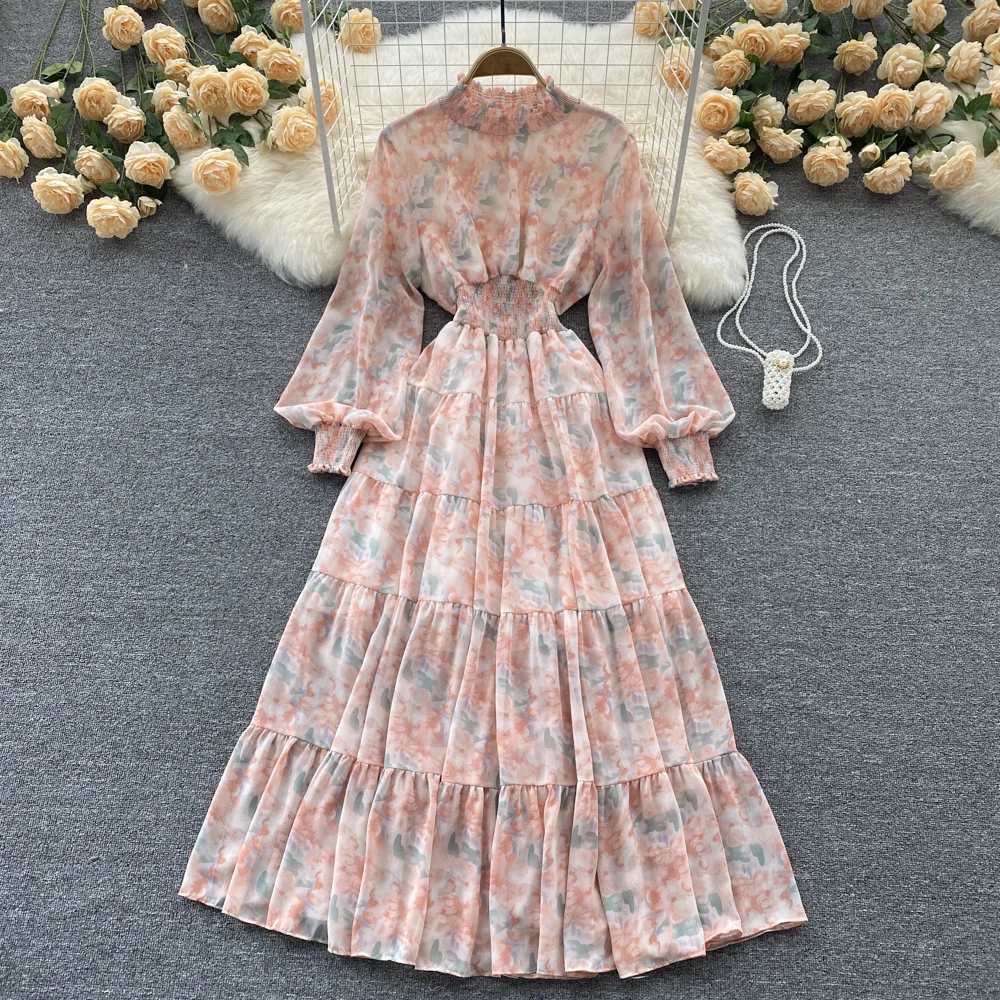 

Spring and Summer Bohemian Floral Dress Elegant French Elastic Ruched A-line Dresses Women Chic Romantic Vacation Long Dress