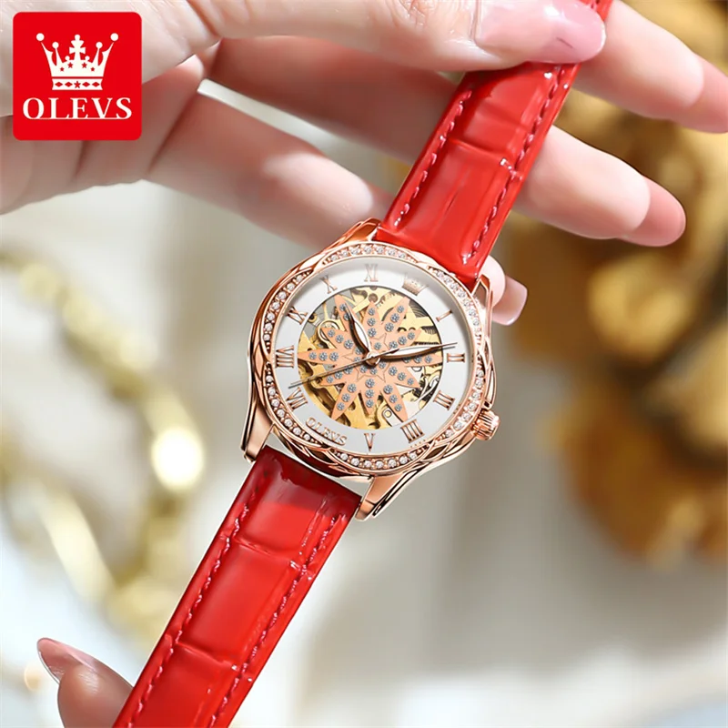 OLEVS Women Fashion Watch Automatic Mechanical Wrist Watch for Women Ladies Elegant Leather Strap Watch Clock Relogio Feminino