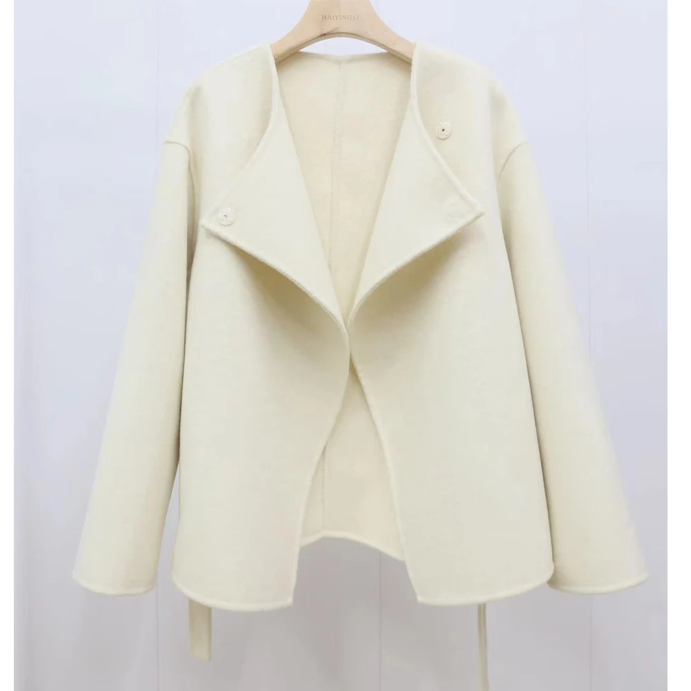 

Autumn Women Drouble Wool Coats Laple Collar Cashmere Coats Woolen Coat With Belt Veste Femme Tops 2023