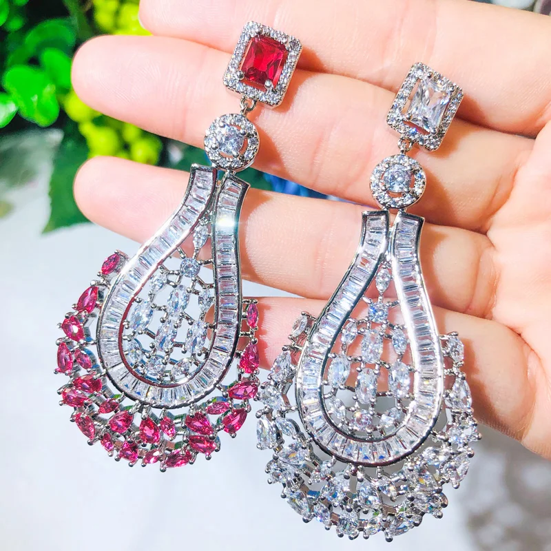 

ThreeGraces Luxury Red Cubic Zirconia Large Long Drop Earrings for Women Dubai Nigerian Party Dess Jewelry Accessories E385