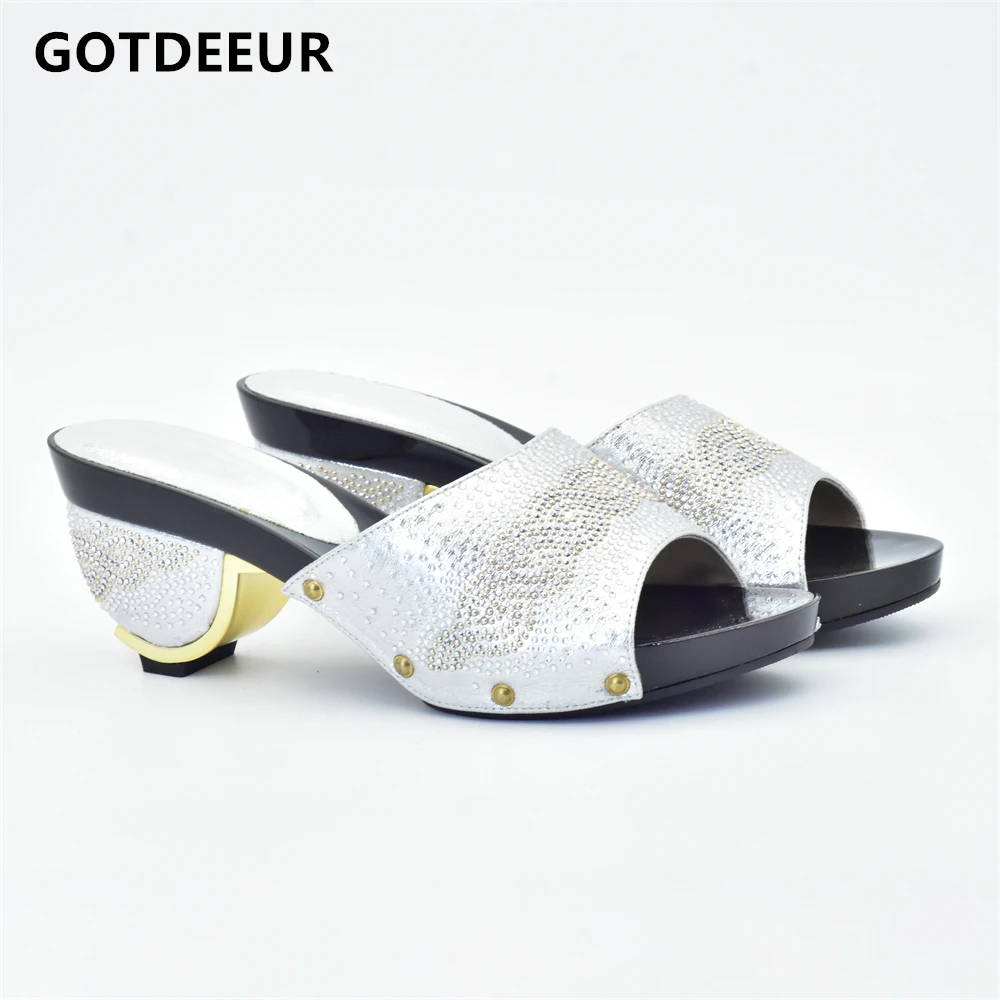 

Silver Italian Ladies Sexy High Heels Pumps New Arrival Colorful Rhinestones Design Ladies Pumps African Sandal Shoes for Party