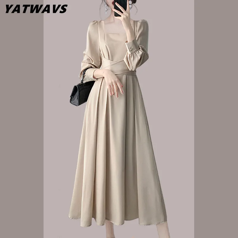 Elegant Women Square Collar Simple Midi Party Dresses Spring Fashion Puff Sleeve Pleats High Waist Casual Office OL A-Line Dress