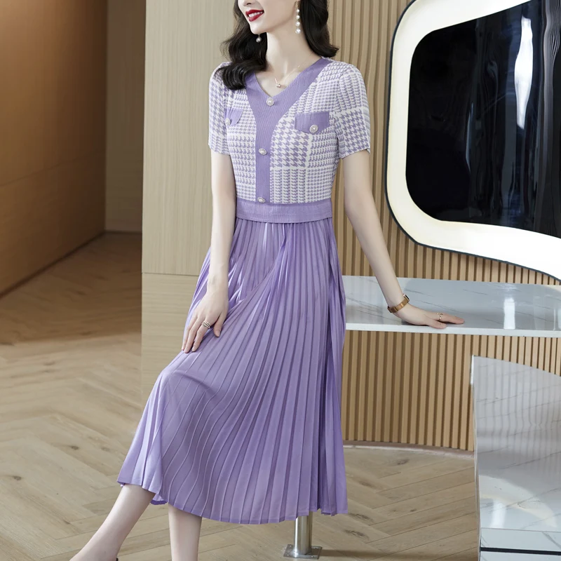 Female Blue Print Patchwork Midi Pleated Dress Summer Short Sleeve V-Neck Elegant Dress 2022 Black Korean Vintage Hepburn Dress