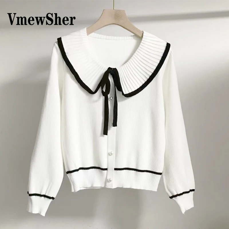 

VmewSher New Spring Sweet Bow Knitted Top Petter Pan Collar Pullover Bottoming Sweater Contrast Color Long Sleeve Jumper Elegant