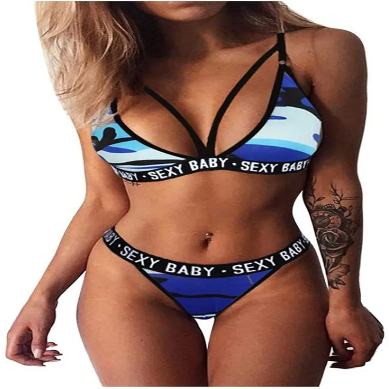 

New Sensual Lingerie Women Thongs Camouflage Sexy Sports Underwear Bandage Corset Letter Bra & Brief Suits Push Up Bra+ Panties