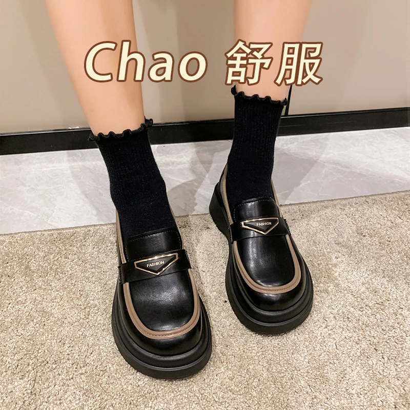 

Ladies British Style Leather Shoes spring New Black Muffin Student Single Shoes Retro All-match One Pedal Loafer Women Shoes