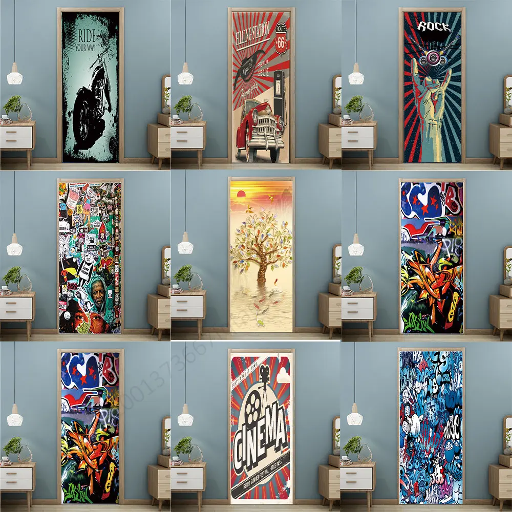 

Наклейка на дверь с рисунком граффити, 3D художественное настенное украшение для дома, полиэтиленовые водонепроницаемые самоклеящиеся обои, постер