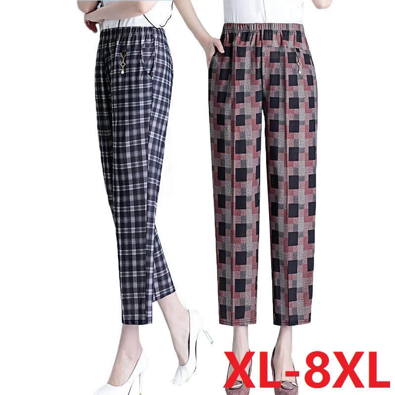 

Middle-aged Elderly Women Summer Pants 2023 New Plaid Thin Loose Stretch Straight-leg Pants 5XL 6XL 7XL 8XL Female Casual Pants