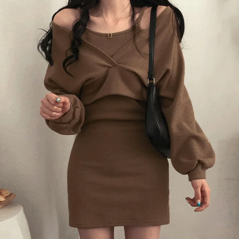 

SANGMAY Sexy V-Neck Clothes Loose Slim Long Sleeve Shirts Women Off Shoulder Suspender Hip Wrap Skirt