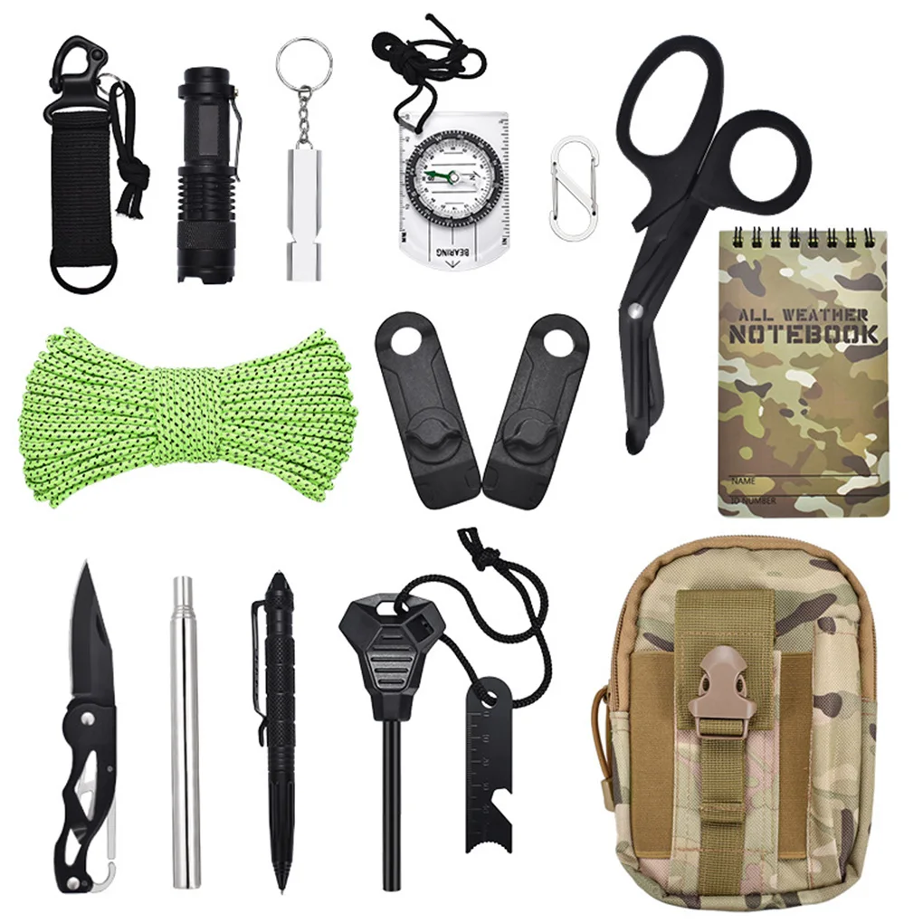 

Outdoor Survival Set Fishing Backpacking Travel Waist Bag Aid Emergency Tools Tent Rope Portable Flashlight Clamps Gear