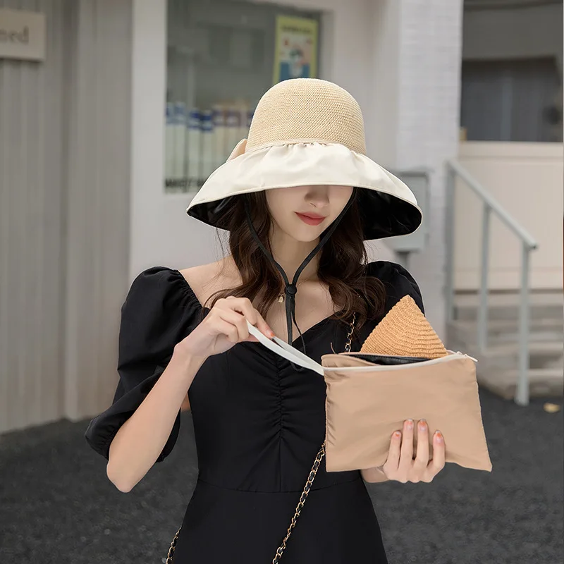 Black Rubber Fisherman Hat Women's Spring and Summer Hollow Breathable Ultraviolet Large Brim Cover Face Sun Hat Bow Sun Hat Cow