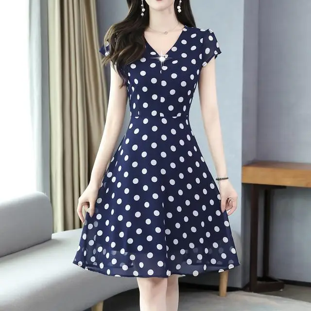 Женское шифоновое платье в горошек элегантное Красное или черное миди с коротким