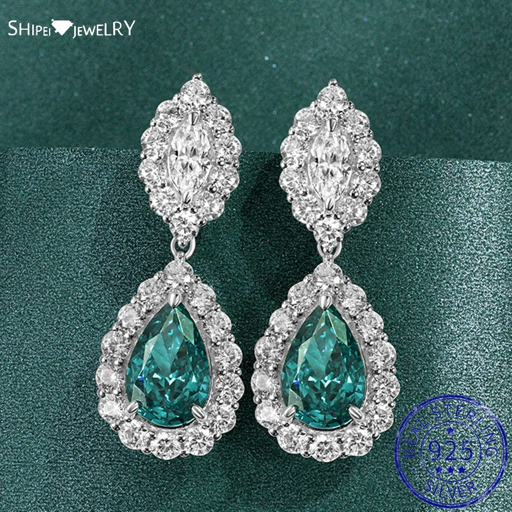 

Shipei 925 Sterling Silver Pear Paraiba Tourmaline Created Moissanite Gemstone Party Vintage Dangle Earrings Fine Jewelry Gifts