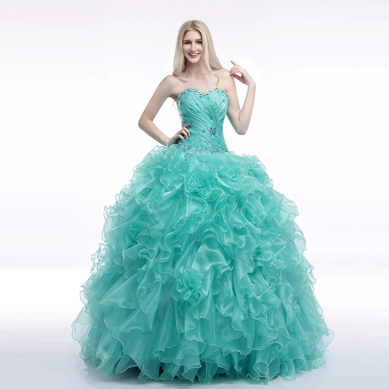 

Turquoise Quinceanera Dresses Ball Gown Sweetheart Organza Ruffles Beaded Mexican Sweet 16 Dresses 15 Anos