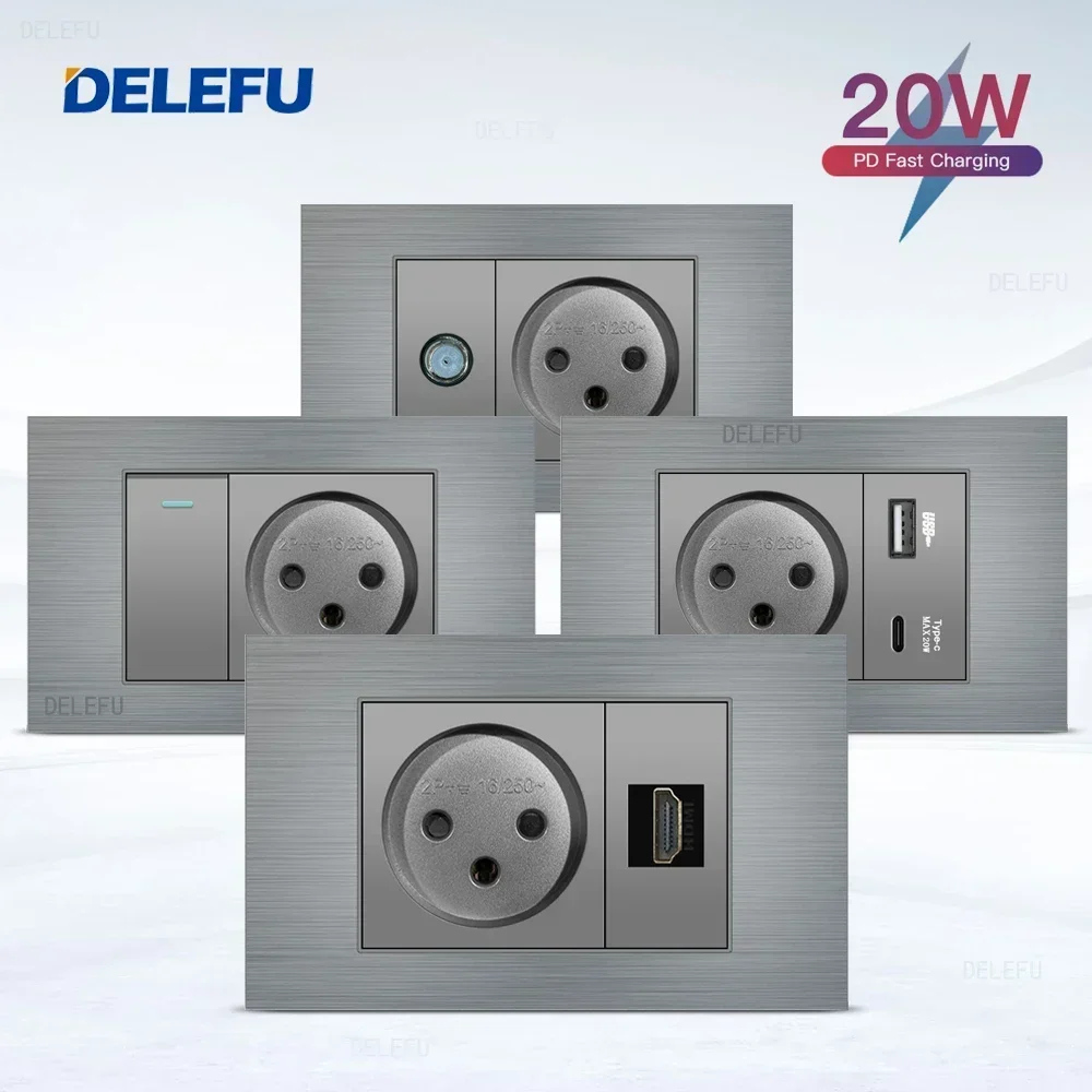 Серая матовая алюминиевая панель DELEFU USB Type C настенная розетка