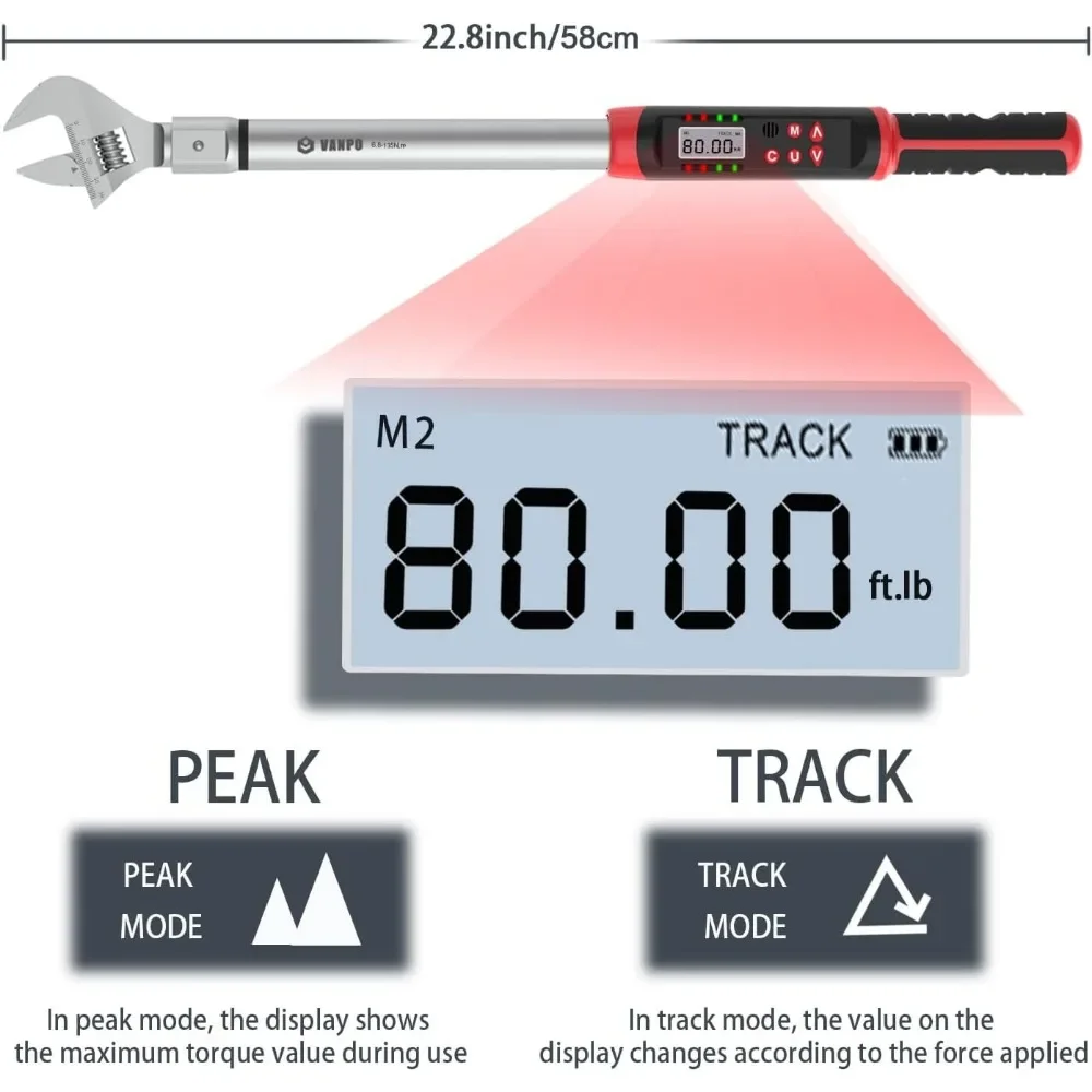 Регулируемый Цифровой Динамометрический ключ для 5-99.6ft-lbs/6.8-135N-m 14 × 18 мм открытый