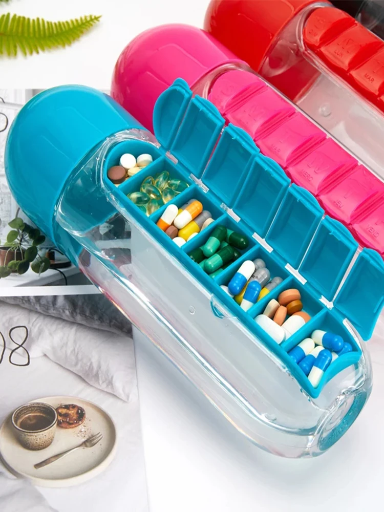 

600ML Water Bottle with Pill Case Travel Drug Storage Box 7 Days Weekly Reminder Vitamin Medicine Organizer Splitter Health Care