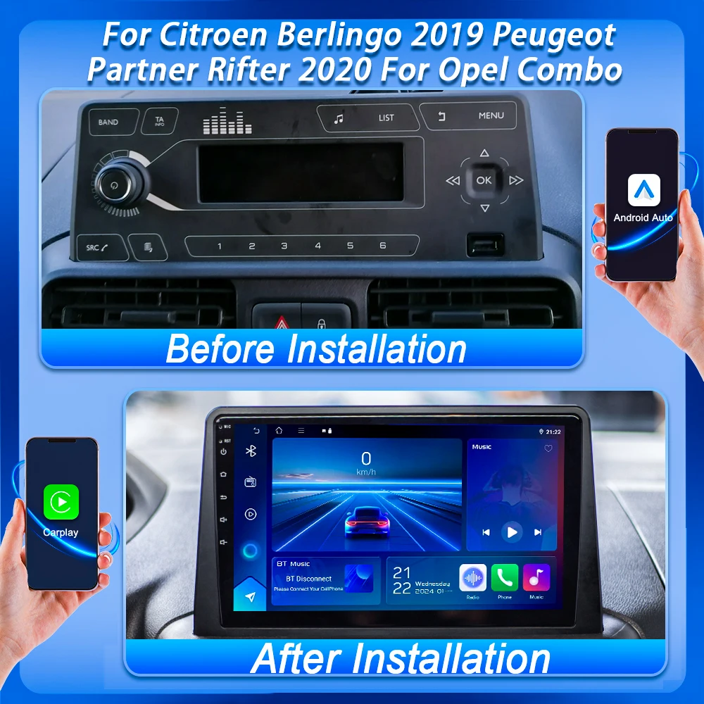 Фото Автомагнитола Android 16 с CarPlay для Citroen Berlingo 2019, Peugeot Partner Rifter 2020, Opel Combo, мультимедиа, видео, Wi-Fi №3