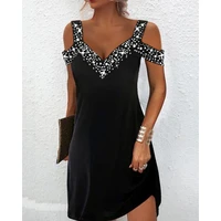 new summer v neck rhinestone decor cold shoulder short sleeve casual dress sexy black sequins mini party dress sexy robes 2022