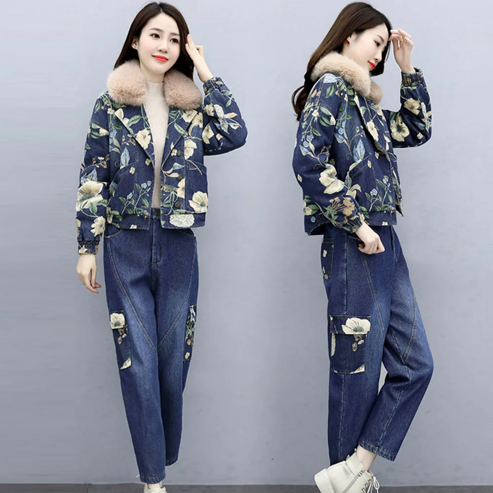 

Plus Size 2 Piece Sets Autumn Winter Warm 2-piece Woman Fashion Fur Collar Denim Jacket + Jeans Plus Velvet Thickening