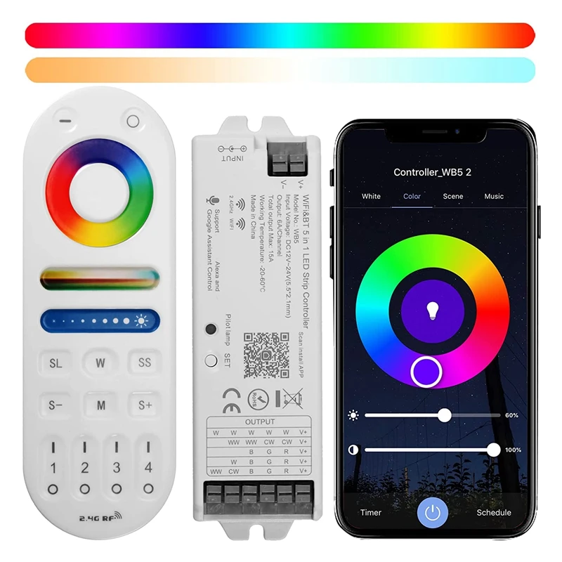 

Wifi BT RF Remote Controller Kit For RGB CCT RGBW LED Strip Lights DC12-24V 5-In-1 Wifi & Bluetooth Controller