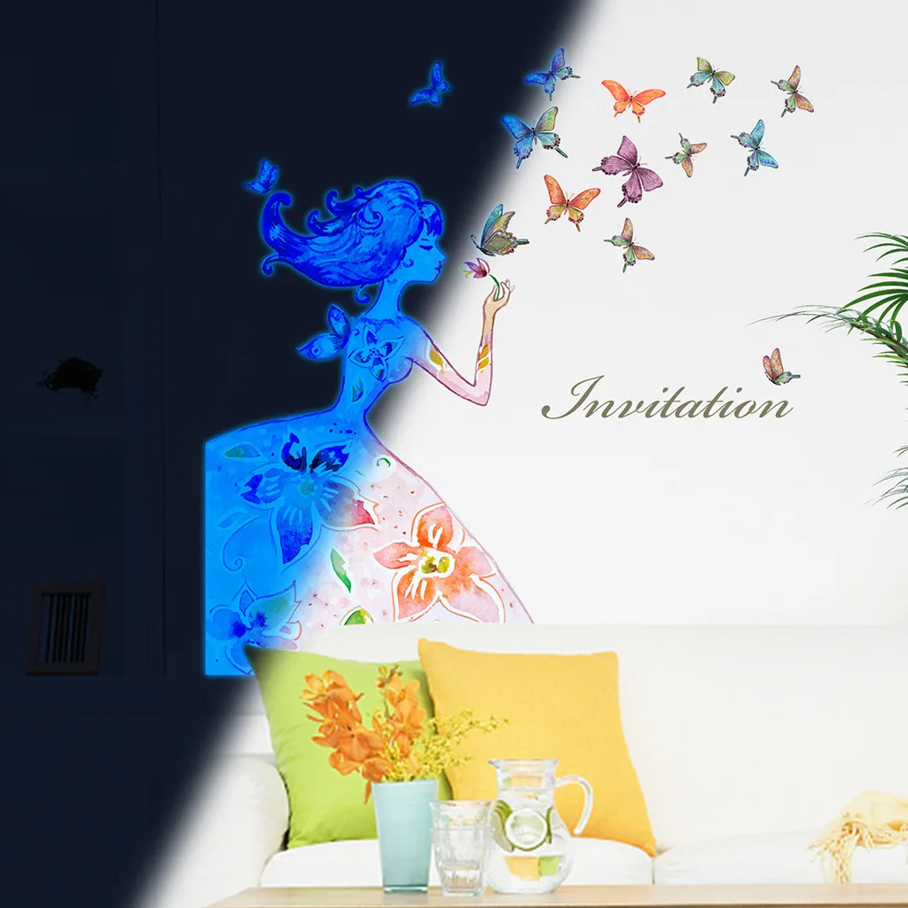 Flower Butterfly Girl Glow-in-the-dark Wall Stickers Self-adhesive Room Decoration