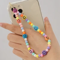 free shipping color ball beads smile print cute telephone lanyard happy life bracelet chains accessories for mobile phone case