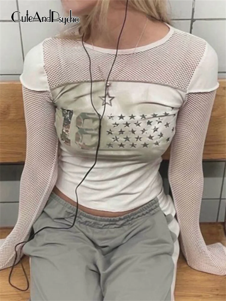 

Cuteandpsycho Y2K Retro Mesh Patchwork Crop Tops Star Print Aesthetic 90s Slim Clothes Harajuku Fashion Korean Cute Tee Shirts
