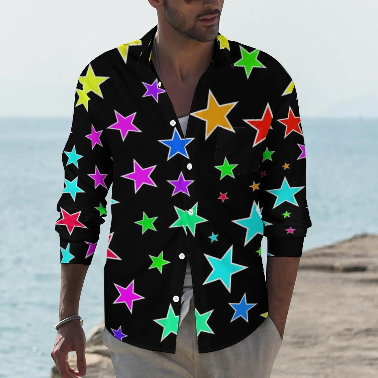 

Colorful Stars Y2K Casual Shirt Mens Fun Star Print Shirt Autumn Vintage Blouses Long Sleeve Pattern Oversized Tops