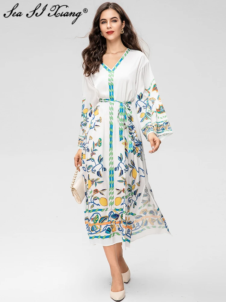 Seasixiang Fashion Designer Spring Loose Dress Women V-Neck Long Sleeve Flowers Print  Lace-Up Bohemian Vacation Dresses