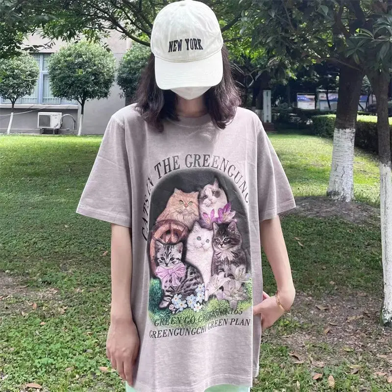 

Boho Dark Gray Cat Print Animal T Shirt for Women O Neck Casual T-shirt Teens 2022 Summer Graphic T Shirts Aesthetic Clothes New