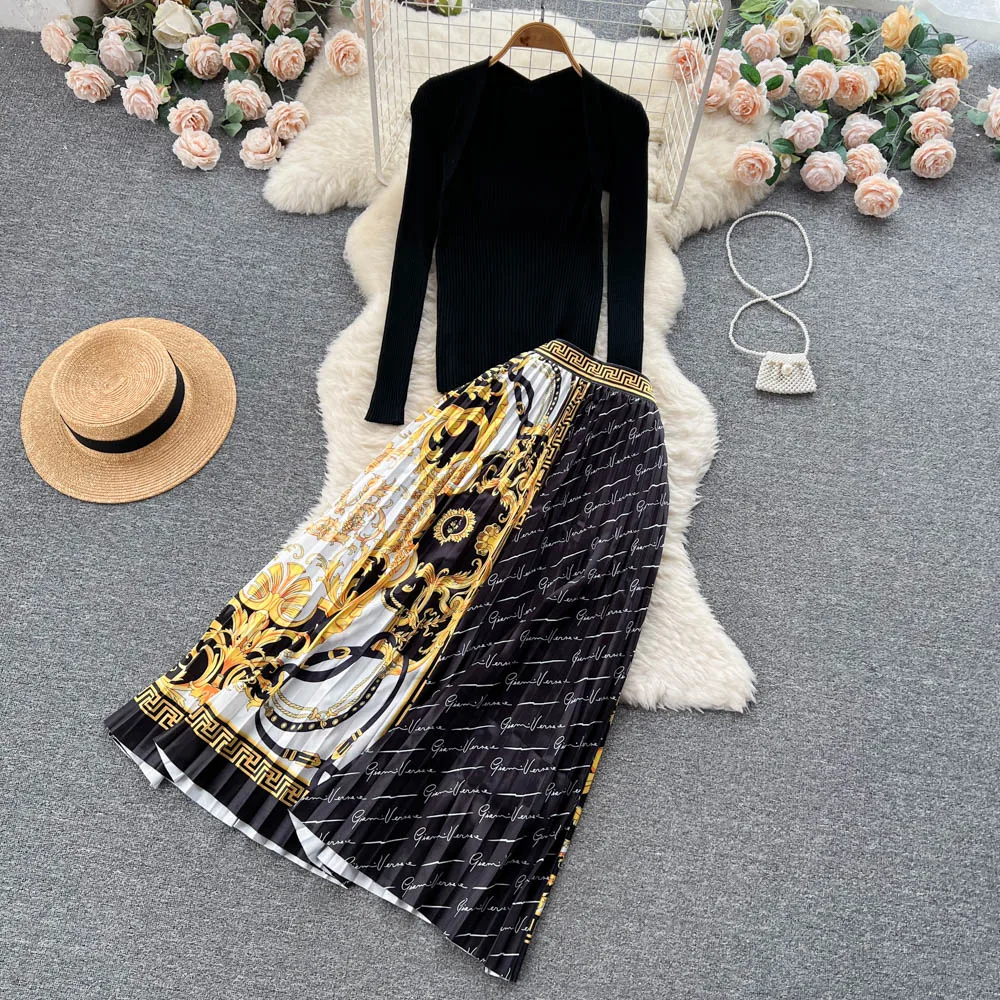 

Длинная юбка в европейском и американском стиле с персонализированным принтом, плиссированная юбка-боди, комплект из двух предметов