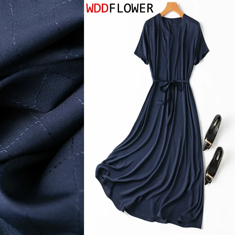

Luxurious Women 93% Mulberry Silk 7% Spandex 20 Momme V neck belted waist Color Navy Checked Jacquard Long Midi Dress MM557