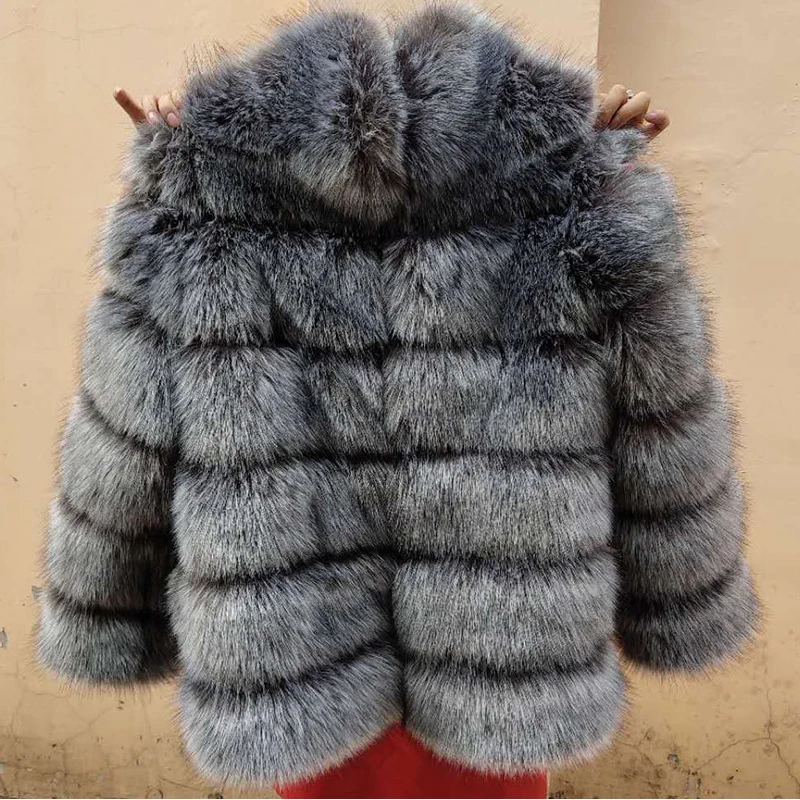 High Quality Winter Thick Warm Women Fluffy Coat Stand Collar Faux Fur Jacket Silver Fox Fur Coats Luxury Fashion Overcoat