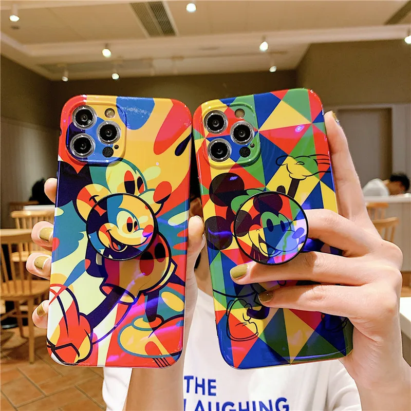 

Painted Blu Ray Cartoon Mouse Bracket Phone Case for IPhone11 12 13 Pro Max X XR 7 8 Plus Cover Transparent IPhone Case Fall