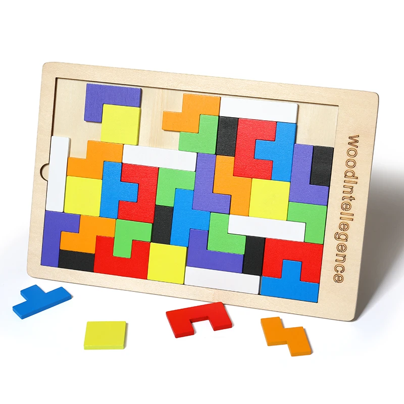 Children Intellectual Educational Montessori Colorful Jigsaw Board Puzzle Tetris game Baby Wooden Toys Puzzles Toy For Kids Gift | Игрушки и