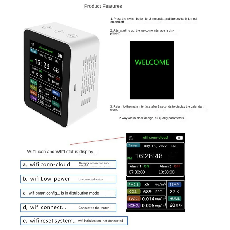 WIFI Tuya Smart CO2 Sensor HCHO TVOC TEMP HUMI Детектор ЖК-дисплей Life APP Белый