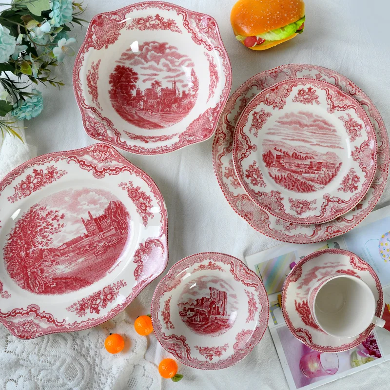 

Red English Castle Dinner Set European Tableware Ceramic Breakfast Plate, Beef Dishes, Dessert Dishes, Soup Bowl ceramic plate