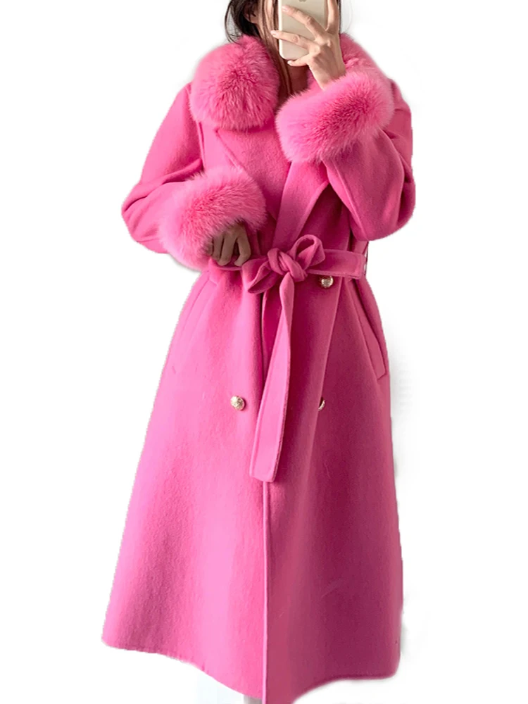 Enlarge Winter Natural Fur Jacket Real Woolen Coat Natural Fox Fur Collar Cashmere Wool Blends Long Outerwear Ladies Streetwear Elegant